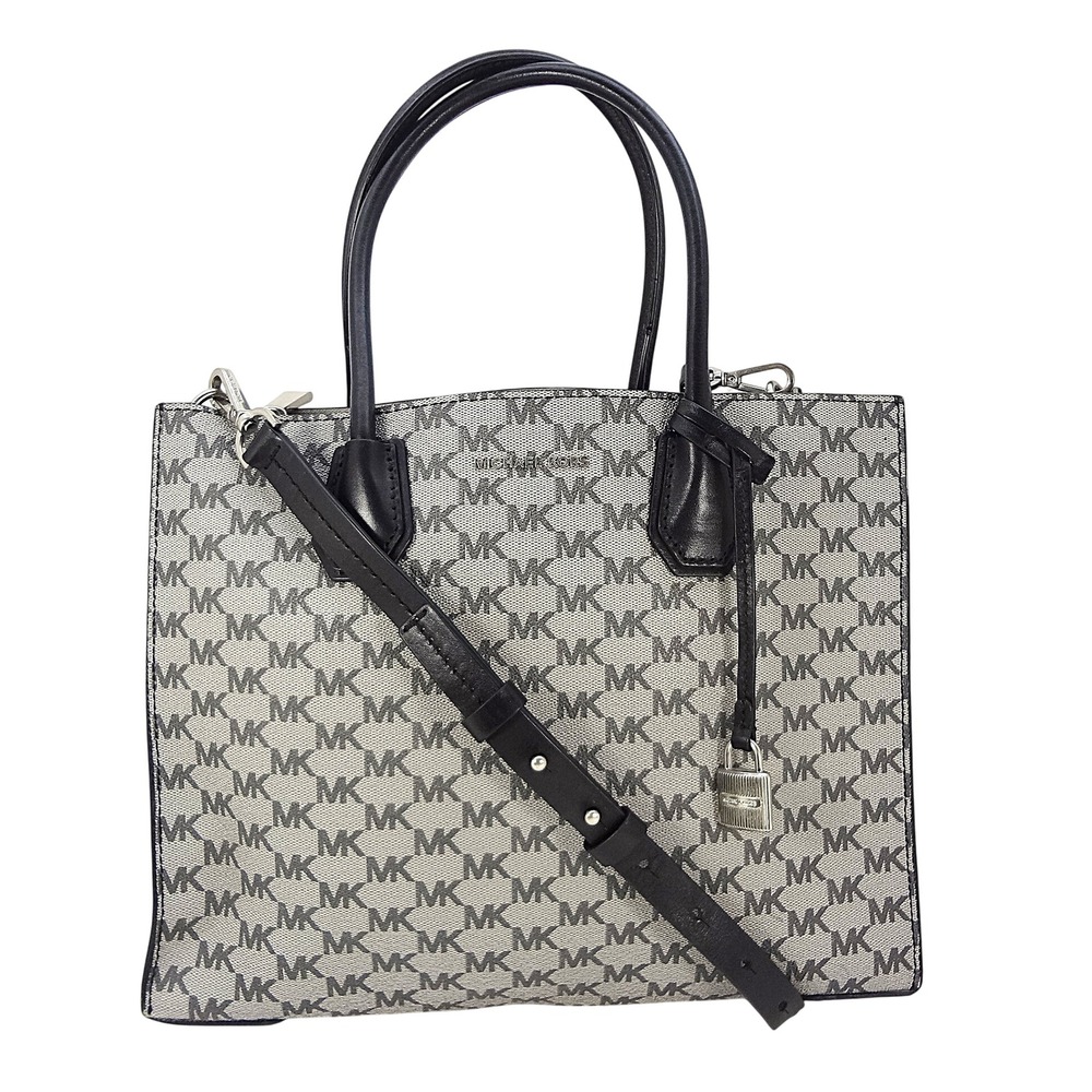 Michael Kors Logo Print Tote Shoulder Bag‎ in Black Gray with Black Leather Trim
